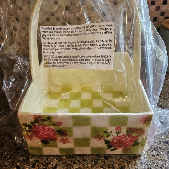 Mackenzie-Childs Green Checkered Floral Basket - Picture 5 of 9